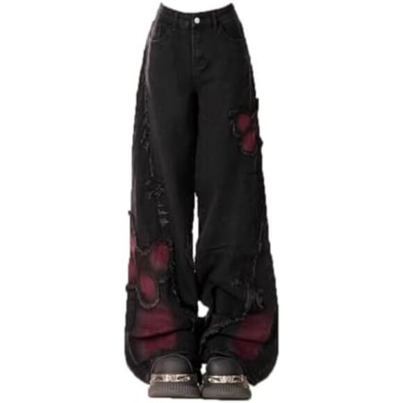 Emo Pants Women's Cotton Y2K Butterfly Tye Die Baggy Cargo Goth Jeans - Picture 1 of 5